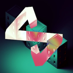 Cover art for Hotel Hotel Hotel. Three low-poly highrises are illuminated in green. A double exposure effect shows Spekular's 's' logo by inverting the colors it covers.