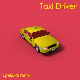 Cover art for Taxi Driver. A low-poly model depicts a Ford Crown Victoria in yellow taxi dressage, and is overlaid on a pink background.